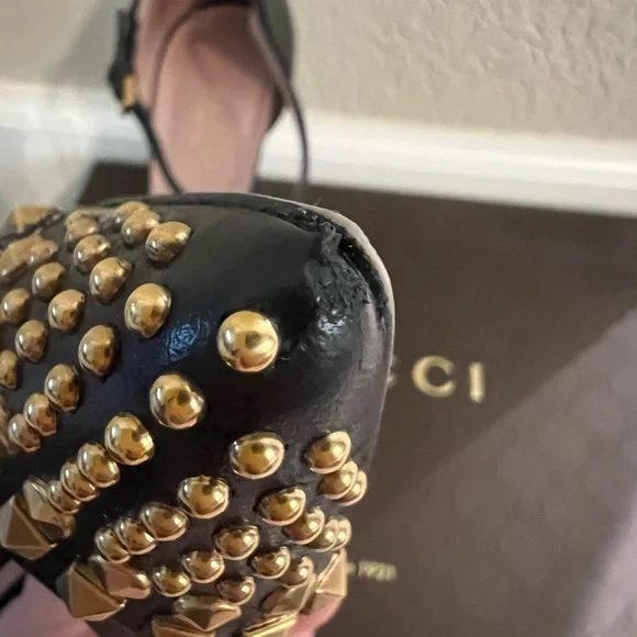 Gucci Malaga Kid Nero Black and Gold Studded T-Strap Heels - Picture 11 of 16